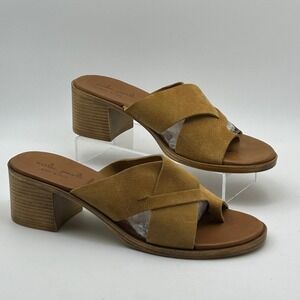 Mila Paoli Slide Sandals Womens 9 Tan Suede Crisscross Block Heel Made in Italy